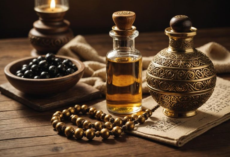 Image de chapelet sophistiqué, huile d'oud et eau de Zamzam sur une table en bois texturé, éclairés par une lumière dorée douce.