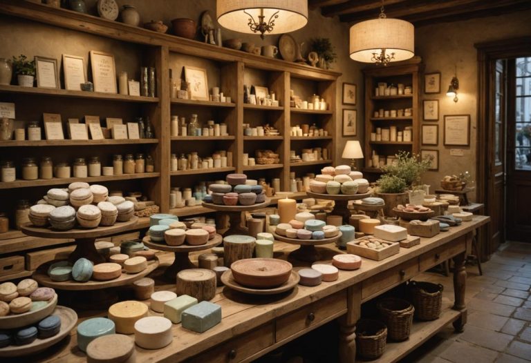 Image photoréaliste d'une table d'exposition dans une boutique rustique à Nantes, avec des cadeaux artisanaux comme de la poterie, des savons artisanaux et des macarons colorés, éclairage ambiant chaleureux, mise au point nette, résolution 4k.