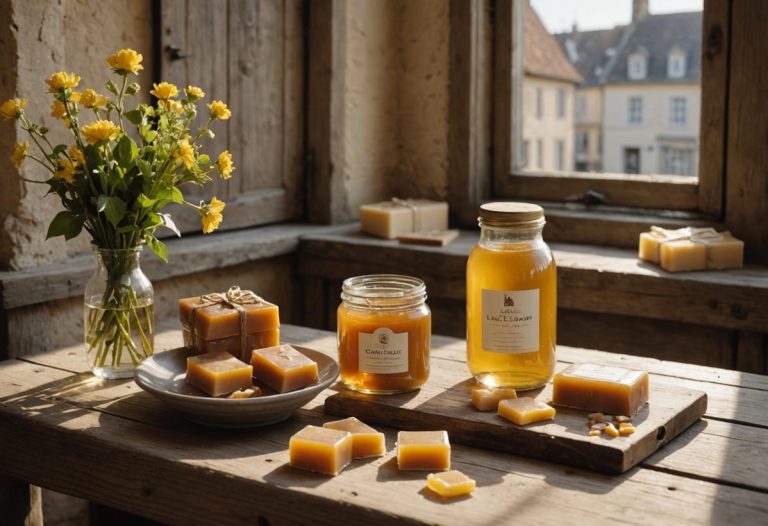 Image photoréaliste présentant une sélection de cadeaux artisanaux de La Rochelle, incluant des pots de caramel doré, des savons faits main et une bouteille de vin blanc local, disposés sur une table en bois rustique sous une lumière douce et diffuse.