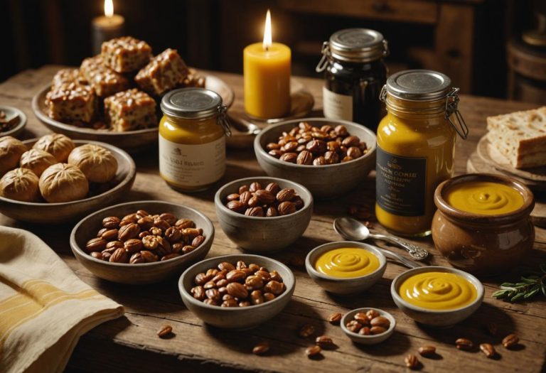 Image photoréaliste montrant une sélection de cadeaux artisanaux de Lyon sur une table en bois rustique, incluant des foulards en soie, de la poterie faite à la main et des petits pots de nourriture gourmet comme de la praline et de la moutarde, éclairés par une lumière ambiante chaude.