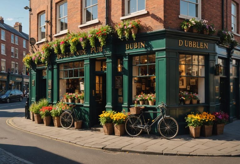 Image photoréaliste d'un coin de rue animé à Dublin par un après-midi frais, montrant un pub historique avec des jardinières fleuries et un vélo garé devant, sous un éclairage doux de fin de journée.