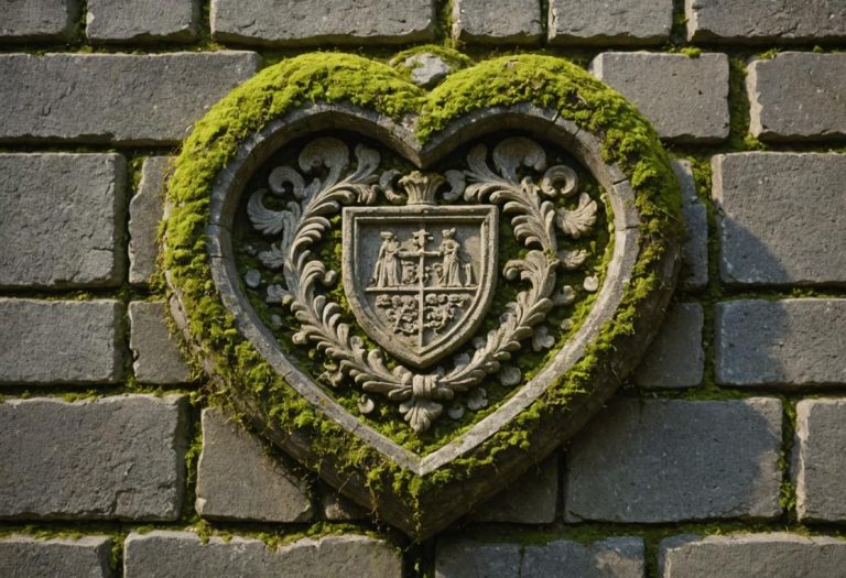Image photoréaliste d'un emblème en pierre finement sculpté, incrusté dans la façade d'un bâtiment ancien à Morlaix, éclairé par une lumière douce du soir et avec de la mousse dans les crevasses.