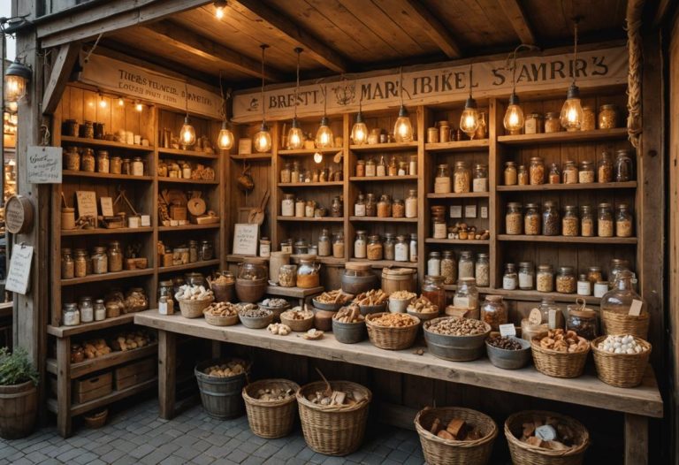 Image photoréaliste d'un étal de marché rustique à Brest présentant des cadeaux locaux uniques, incluant des bijoux faits main, des souvenirs à thème nautique et des pots de caramel salé artisanal, éclairage chaleureux de fin de journée, très détaillé.