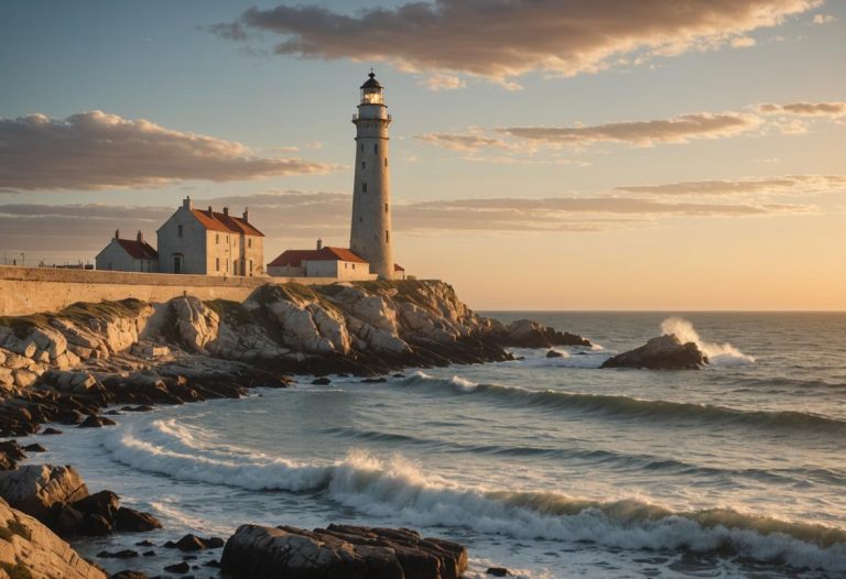 Image photoréaliste d'un phare historique sur la côte rocheuse de l'Île de Ré au coucher du soleil avec des vagues douces frappant le rivage.