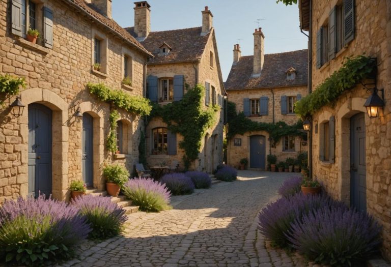 Image photoréaliste d'une rue pavée isolée dans un charmant village français, bordée de lavande en fleurs et de maisons couvertes de lierre, sous la lumière dorée du soleil de fin d'après-midi.
