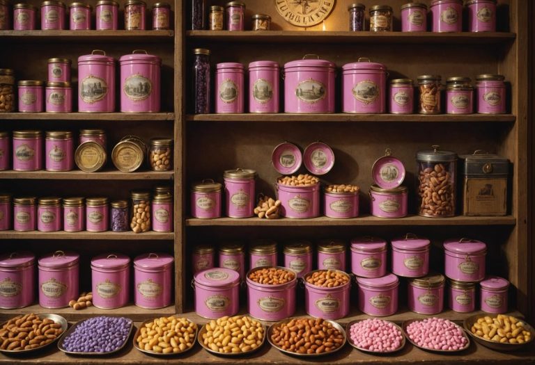 Image photoréaliste d'une vitrine rustique présentant des souvenirs emblématiques de Toulouse, incluant des boîtes de cassoulet rose vif, des bonbons à la violette et des bibelots avec la croix occitane sous un éclairage doux et doré de fin d'après-midi.