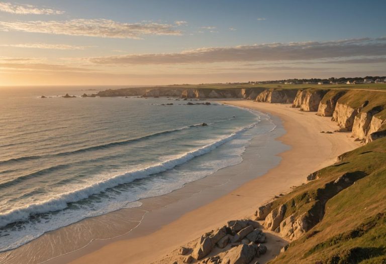 Image photoréaliste du littoral de Quiberon au lever du soleil, avec des vagues douces frappant le sable doré et des reflets chaleureux sur l'eau.