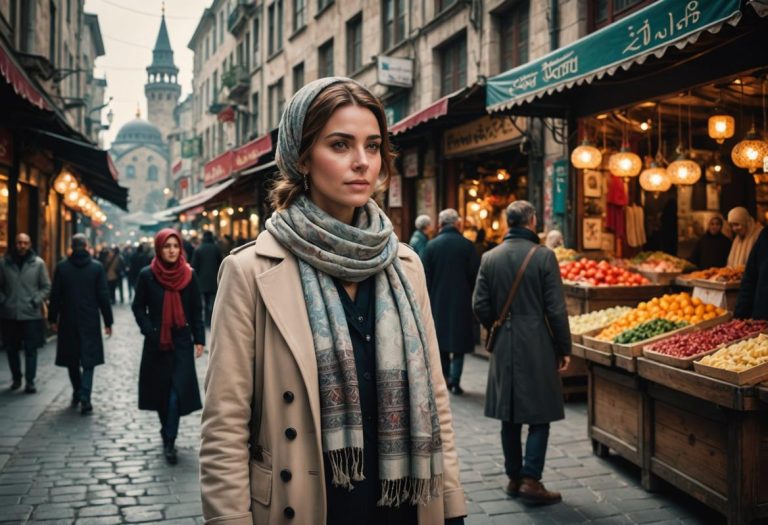 Image photoréaliste d'une femme debout sur une rue animée d'Istanbul, habillée modestement mais avec style, portant un foulard clair et un long manteau élégant, avec en arrière-plan des étals de marché colorés et de l'architecture ottomane.