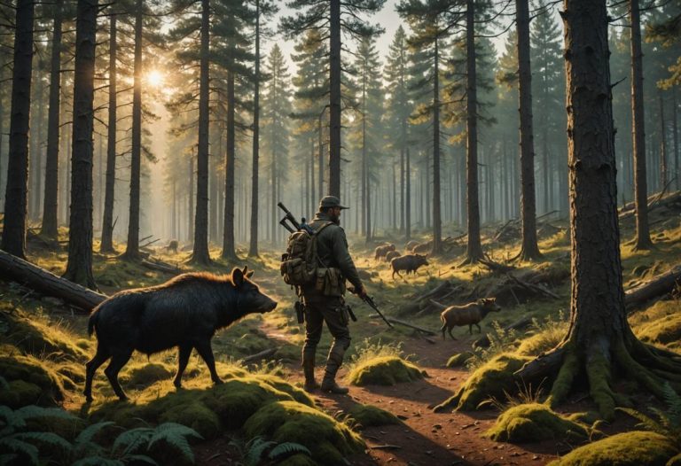 Image photoréaliste d'une forêt turque dense au lever du soleil, lumière dorée filtrant à travers de grands pins, un chasseur à distance tenant un fusil et un sanglier partiellement caché dans le sous-bois.