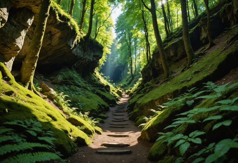 Image photoréaliste d’un sentier forestier étroit menant à l’entrée cachée des grottes de Clierzou, entouré de verdure luxuriante et de roches couvertes de mousse, avec des rayons de soleil perçant la canopée dense.