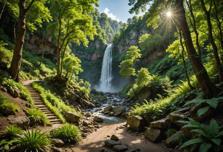Image photoréaliste d'un sentier sinueux en terre traversant une forêt luxuriante menant à la cascade de Rochecolombe, entourée de formations rocheuses rugueuses et d'un soleil tamisé filtrant à travers les arbres.