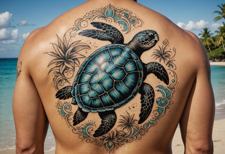 Image photoréaliste d’un tatouage de tortue polynésienne sur peau bronzée, motifs noirs traditionnels, avec plage sereine et océan turquoise en arrière-plan.