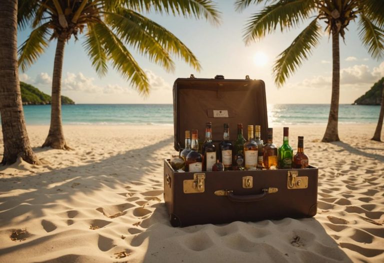 Image photoréaliste d'une valise ouverte sur une plage des Caraïbes, remplie de bouteilles de rhum bien rangées, avec des palmiers tropicaux en arrière-plan et une lumière dorée du soleil