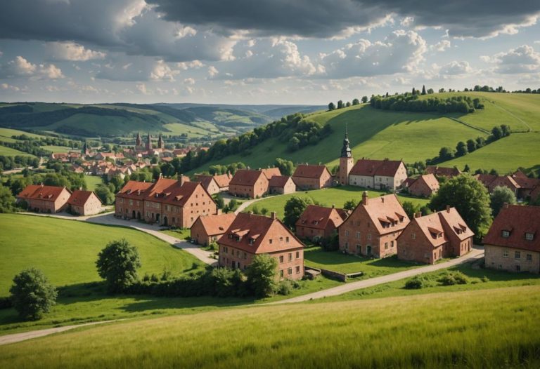 Image photoréaliste d’un village polonais tranquille parmi des collines vertes, avec des maisons traditionnelles et des appartements modernes sous un ciel partiellement nuageux.