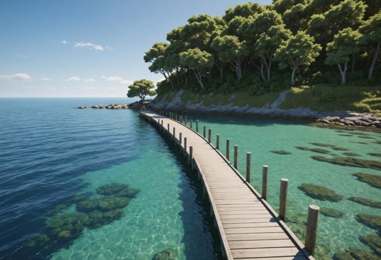 Image photoréaliste d'un chemin côtier menant à la presqu'île de Conleau, entouré d'eaux calmes bleues et de verdure luxuriante, avec un petit ponton en bois s'étendant dans la mer, éclairage ambiant doux, haute définition.