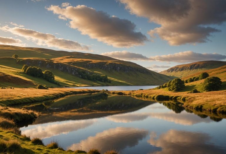 Image photoréaliste d'une colline écossaise au crépuscule, avec un lac tranquille reflétant le ciel doré.