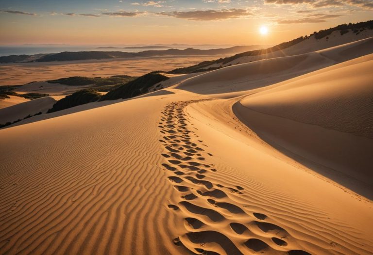Image photoréaliste de la Dune du Pilat sous un coucher de soleil doré, avec des ondulations douces dans le sable et des empreintes formant un chemin sinueux vers le sommet, éclairage dramatique, haute précision.