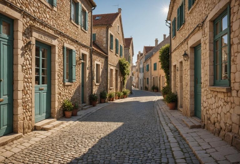 Image photoréaliste d'une étroite rue pavée menant au quartier de l'Île Penotte, bordée de maisons de bord de mer charmantes avec des mosaïques de coquillages, sous une lumière dorée de fin d'après-midi.