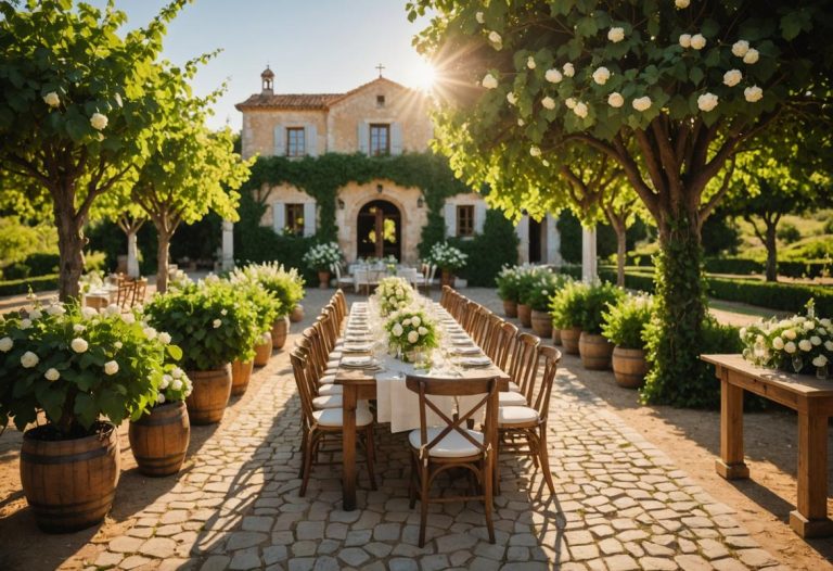 Image photoréaliste d'une quinta portugaise ensoleillée, entourée de vignobles luxuriants et de jardins fleuris, avec une installation de mariage extérieure élégante comprenant des arrangements floraux blancs et des tables en bois rustiques, éclairage de l'heure dorée, très détaillée.