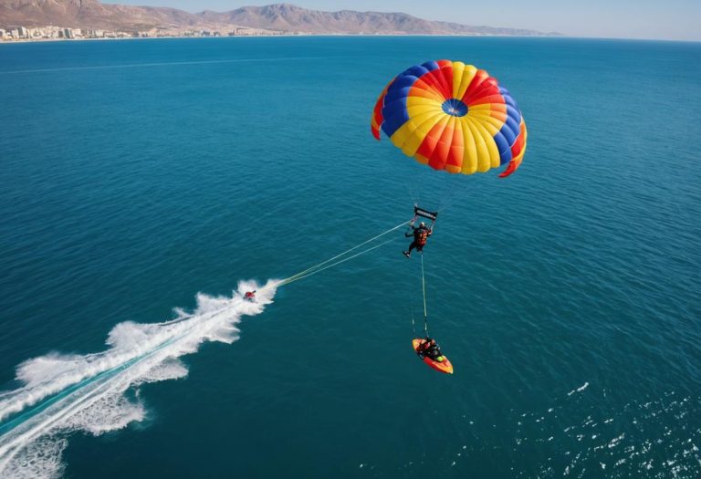 Image photoréaliste d'une personne faisant du parasailing au-dessus des eaux bleu profond d'Alicante avec un parachute coloré et un jet ski rapide sur les vagues scintillantes.