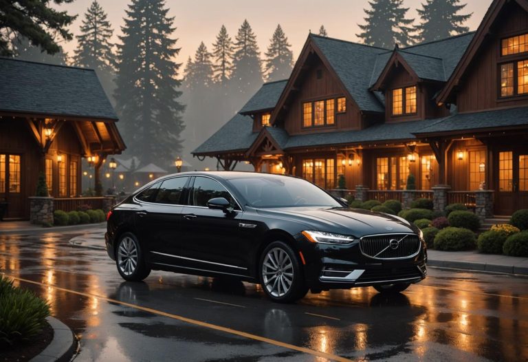 Image photoréaliste d'une voiture Uber noire garée devant l'hôtel Disney's Sequoia Lodge à l'aube, les phares se reflétant sur le pavé humide, avec une légère brume matinale et une lumière chaleureuse émanant des fenêtres de l'hôtel.