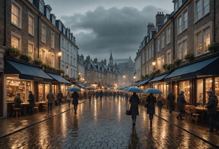 Image photoréaliste d'un village côtier sous la pluie, avec des rues pavées luisantes, des gens marchant avec des parapluies près de cafés chaleureux et des boutiques artisanales.