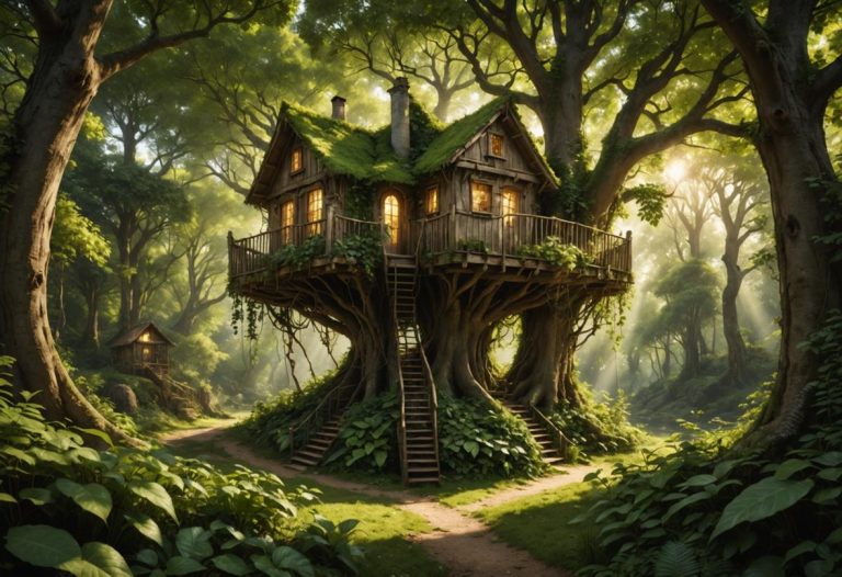 Image photoréaliste d'une cabane dissimulée parmi la verdure luxuriante d'une forêt en Aquitaine, avec un éclairage doux et doré filtrant à travers les feuilles.