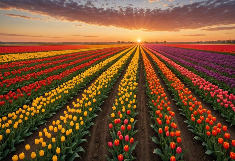 Image photoréaliste des champs de tulipes sans fin à Jonquières, illuminés par les rouges, jaunes et pourpres éclatants sous la lumière dorée d'un coucher de soleil printanier.