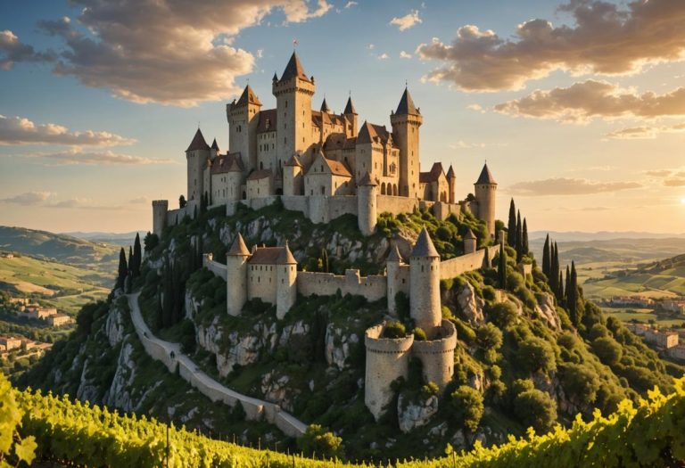Image photoréaliste d'un château médiéval impressionnant perché sur une colline dans le sud de la France, entouré de vignobles luxuriants sous une lumière dorée du soir, avec une architecture en pierre détaillée et de hautes tours.