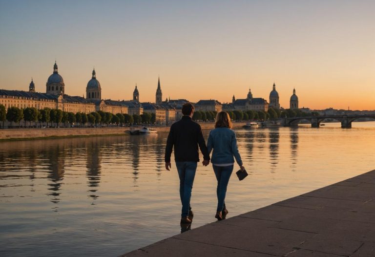 Image photoréaliste d'un couple marchant main dans la main le long de la Garonne, avec le panorama illuminé de Bordeaux se reflétant sur l'eau au coucher du soleil.