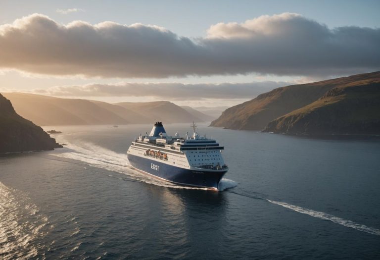 Image photoréaliste d'un grand ferry naviguant sur une mer brumeuse à l'aube, avec le littoral écossais accidenté en arrière-plan et un éclairage ambiant doux.