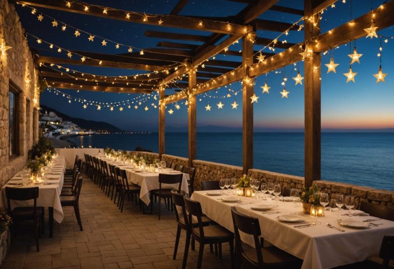 Image photoréaliste d'un restaurant en bord de mer à Rosas, Espagne, décoré de guirlandes dorées et de tables élégantes, vue sur la Méditerranée calme sous un ciel étoilé.