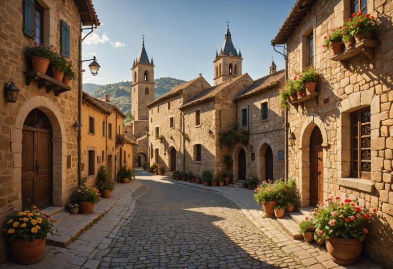 Image photoréaliste d’un village médiéval en Catalogne avec des rues pavées serpentant entre des maisons anciennes en pierre décorées de fleurs vives, une grande église en arrière-plan et un soleil doré projetant de longues ombres.