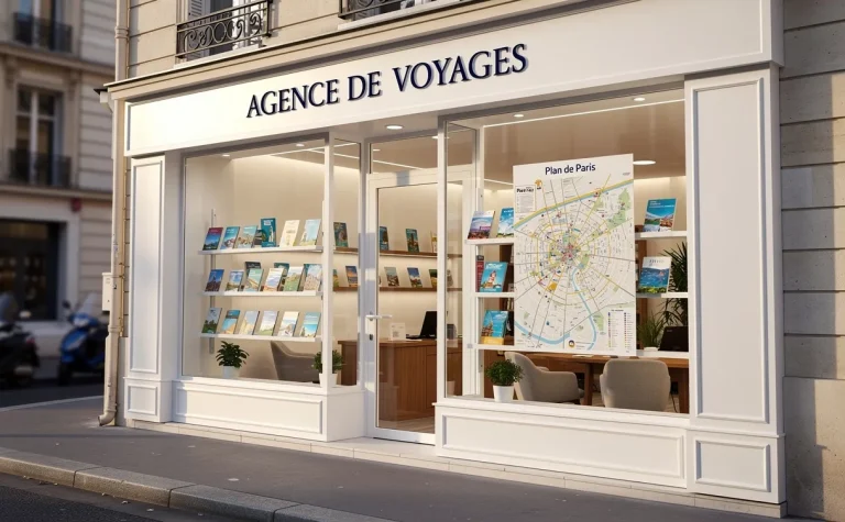 Devanture moderne d’une agence de voyage à Paris, avec brochures et carte de la ville exposées en vitrine sous une douce lumière matinale.