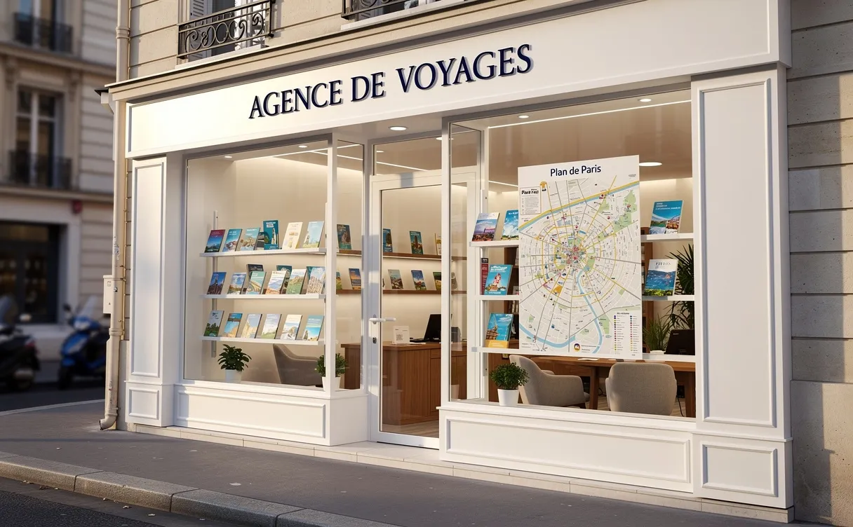 Devanture moderne d’une agence de voyage à Paris, avec brochures et carte de la ville exposées en vitrine sous une douce lumière matinale.