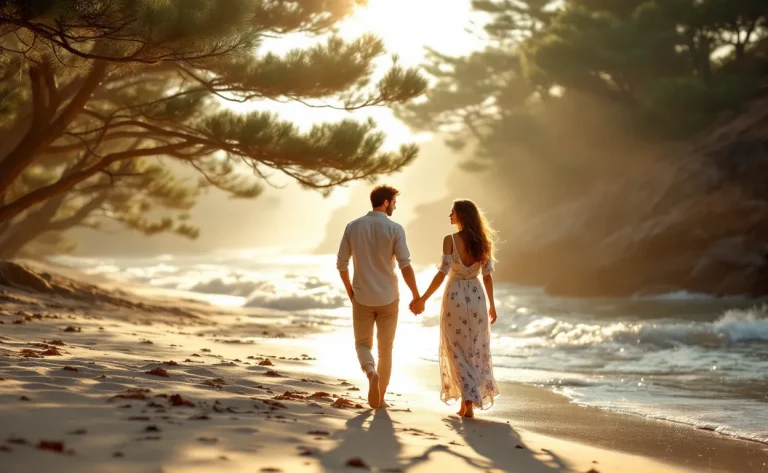 Un couple se tient la main sur une plage de sable isolée en France, entourée de pins et des vagues calmes sous une lumière douce du matin.