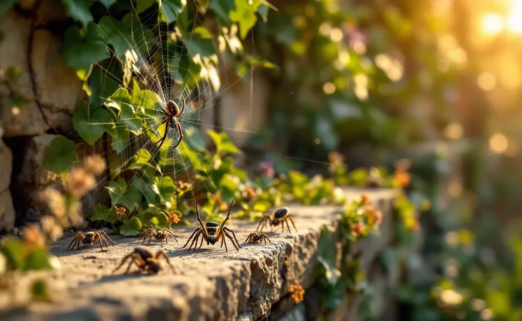 Des araignées du sud de la France posées sur des murs de pierre baignés de soleil avec de la verdure en arrière-plan.