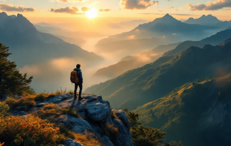 Un randonneur debout au bord d’une crête montagneuse observe des vallées embrumées sous la lumière dorée du lever du soleil.