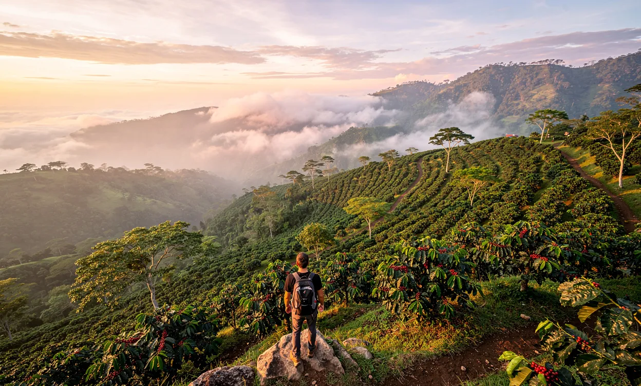 Un randonneur observe une vallée de Boquete avec des collines verdoyantes, des plantations de café, la brume matinale et la lumière dorée de l’aube.