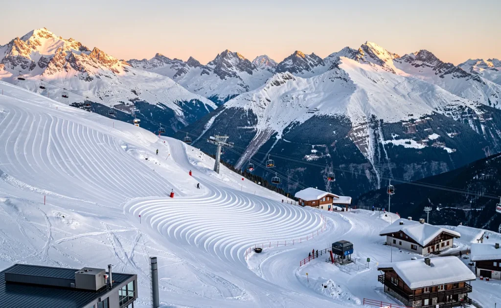 Vue photoréaliste des pistes de ski de Valmorel au lever du jour, avec sommets enneigés et éclairage matinal doux.