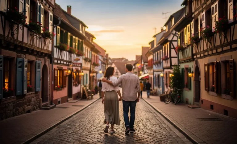 Un couple marche main dans la main dans un village alsacien aux maisons à colombages et rues pavées sous une lumière dorée du soir.