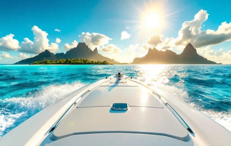 Un bateau blanc glisse sur les eaux turquoise entre Tahiti et la silhouette verdoyante de Bora Bora sous un ciel bleu ensoleillé.
