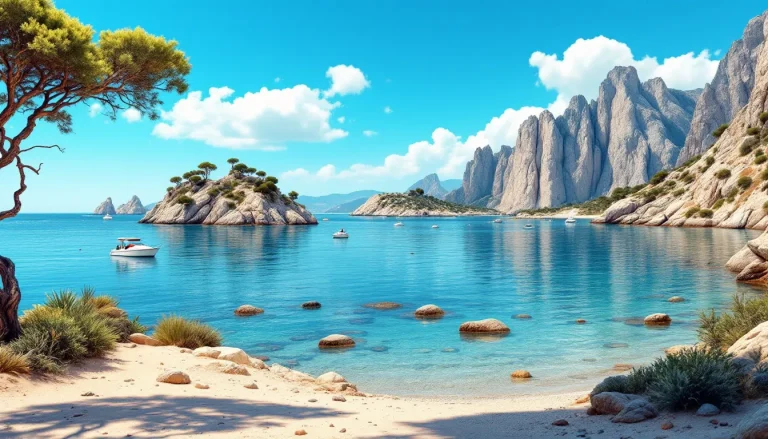 Paysage pittoresque de l'île Frioul, dévoilant des falaises escarpées et une mer turquoise.