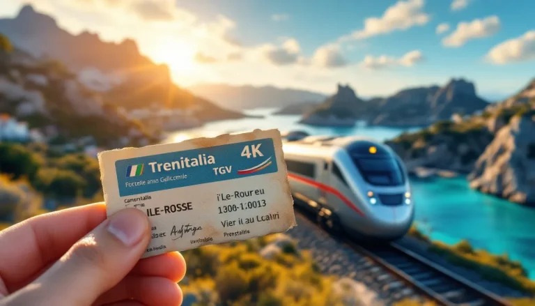 Un billet posé devant un train approchant sur une voie ferrée.