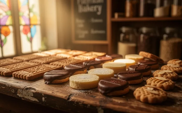 Des biscuits artisanaux sont alignés sur un comptoir en bois dans une boulangerie flamande éclairée par la lumière du soleil à travers des vitraux colorés.