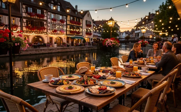 Terrasse au bord de la rivière à Colmar au crépuscule, avec des tables dressées de plats de brunch et de mezze, éclairées par des guirlandes lumineuses et reflétées sur l’eau.