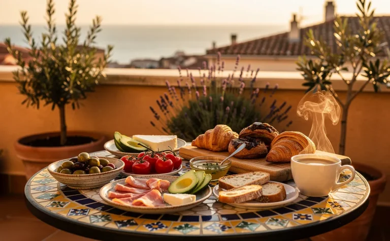 Brunch méditerranéen disposé sur une table en mosaïque, avec café fumant, viennoiseries et plantes côtières sous une lumière matinale à Marseille.