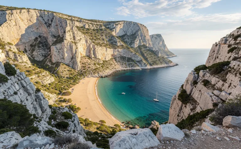 Vue photoréaliste de la calanque de Sormiou aux eaux turquoise bordant une plage dorée, entourée de falaises calcaires sous un soleil lumineux.