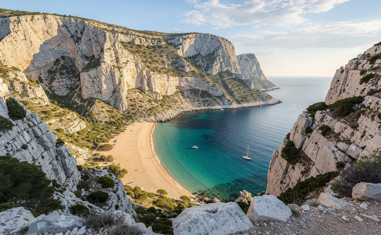 Vue photoréaliste de la calanque de Sormiou aux eaux turquoise bordant une plage dorée, entourée de falaises calcaires sous un soleil lumineux.