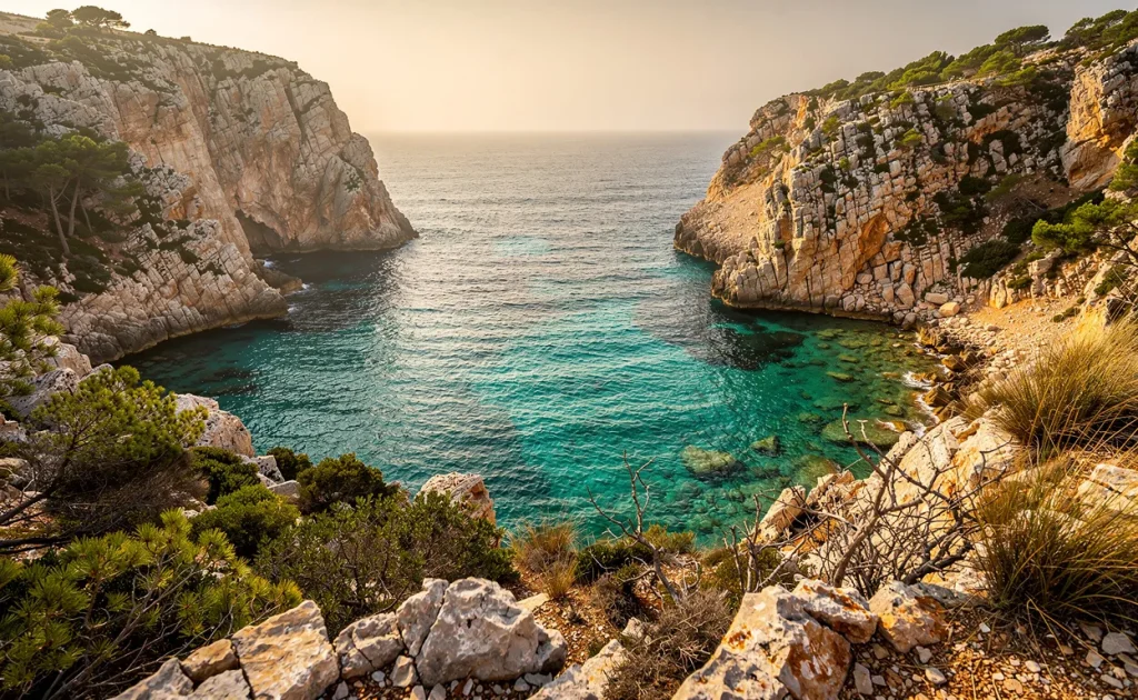 Vue de la Calanque de l’Indienne à Porquerolles avec des eaux turquoise, des falaises escarpées et une végétation méditerranéenne sous une lumière dorée de fin d’après-midi.